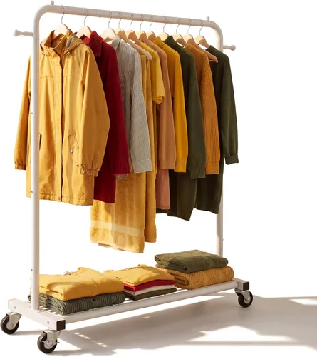 Vista 9 de Sywhitta Perchero con ruedas con estante de almacenamiento de malla y marco de metal resistente, perchero con ruedas para colgar ropa, abrigos