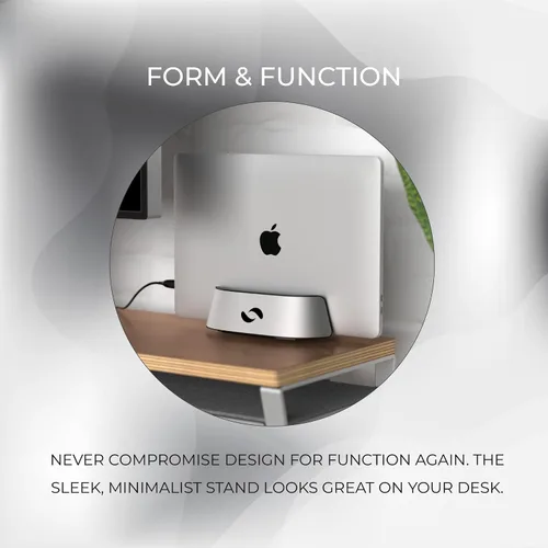Vista 5 de HumanCentric Soporte vertical para laptop en aluminio plateado, soporte vertical ajustable y base, soporte vertical para laptop compatible