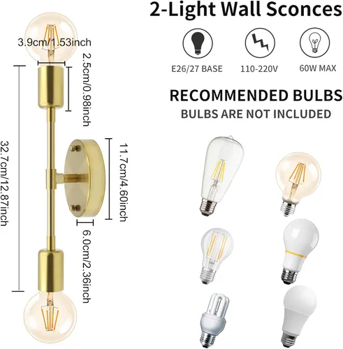 Vista 2 de Moderna lámpara de pared E26 con enchufe dorado cepillado, lámpara de pared de mediados de siglo, iluminación de techo para pasillo, sala de estar 2