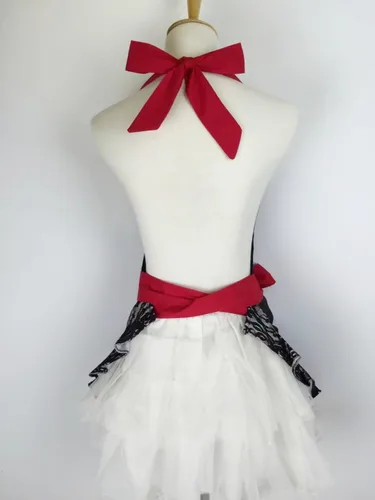 Vista 4 de Hyzrz Bonito delantal de encaje coqueto con bolsillo, divertido delantal retro sexy de cocina para mujeres y niñas (negro)
