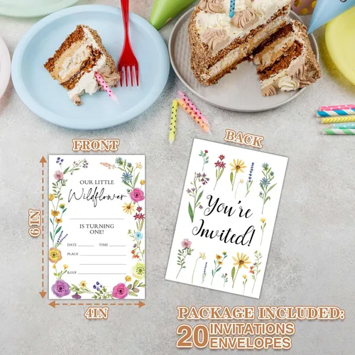 Vista 2 de Invitaciones de primer cumpleaños de flores silvestres con sobres, 20 unidades, Our Little Wildflower Is Turning One Birthday Party Invitations for