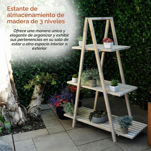 Vista 4 de Alpine Corporation MBB168 Estante de almacenamiento triangular de madera moderno de 3 niveles, 50 pulgadas de alto, acabado natural