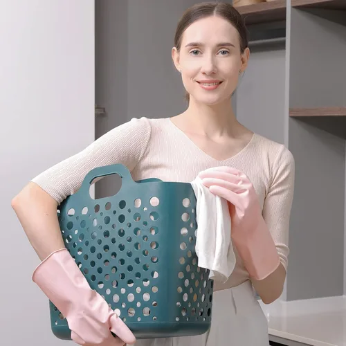 Vista 3 de COOLJOB 3 pares de guantes coloridos para el hogar con forro de algodón y agarre antideslizante, resistentes al agua, guantes de goma reutilizables