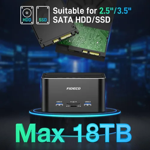 Vista 4 de FIDECO Estación de acoplamiento para disco duro, USB 3.0 Estaciones de acoplamiento de disco duro de aluminio 2.5"/3.5" SATA HDD SSD, lector