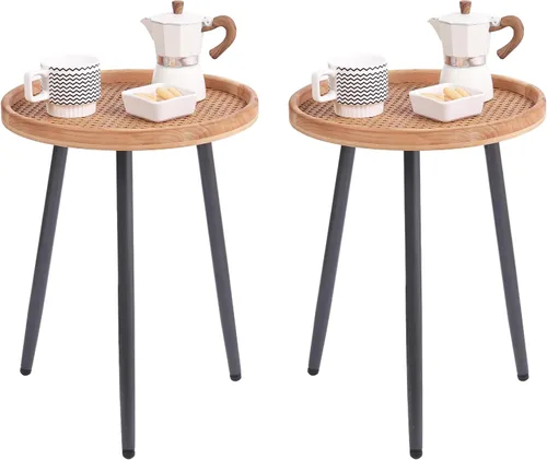 Vista 8 de Tiita Mesa auxiliar redonda mental, mesita de noche, mesas pequeñas de madera, mesa de centro con bandeja de madera para sala de estar, dormitorio