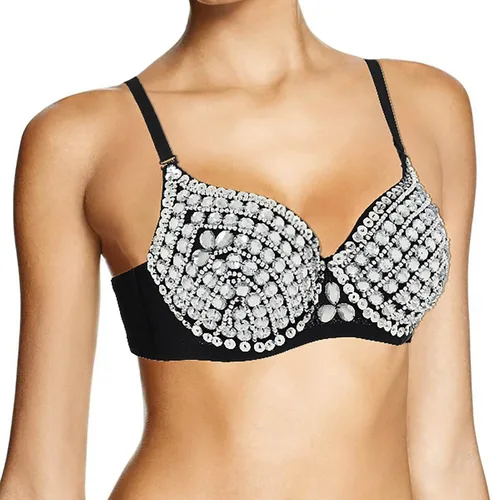 Vista 6 de Woeoe Corsé de diamantes de imitación Bustier Crop Top Negro Diamante Bra Club Rave Rhinestone Tops Joyas para Mujer