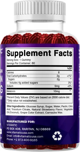 Vista 8 de Vitamatic Melatonina 10 mg por gomita – 60 porciones – 60 gomitas vegetarianas – Suplemento sin hábito