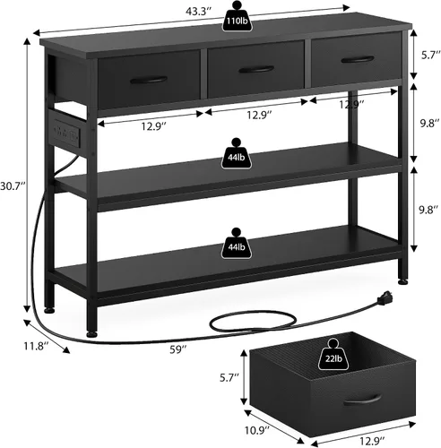 Vista 2 de Lulive Mesa de entrada con tomas de corriente, mesa consola con 3 cajones de tela, mesa de sofá para sala de estar, pasillo, sofá, vestíbulo, altura