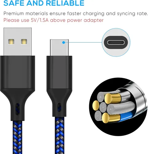 Vista 3 de Cable de carga de 16.4 pies para PS5para Xbox Series XSpara controlador Switch Pro, cable de carga USB de repuesto de nailon trenzado tipo C