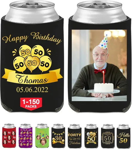Vista 17 de Fundas enfriadoras de latas de cumpleaños, soporte personalizado para botellas de cerveza a granel con nombre de foto, suministros para fiestas