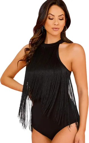 Vista 4 de Verdusa - Body halter sin mangas con ribete de flecos para mujer