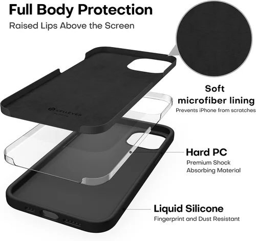 Vista 5 de CellEver Funda de silicona resistente para iPhone 13, protección militar contra caídas, protección elevada de pantalla y cámara, interior sin Negro