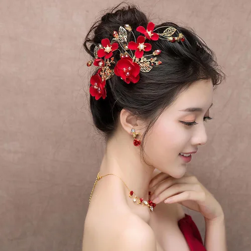 Vista 7 de Paquete de 2 pinzas para el pelo de flores rojas, horquillas de novia con flores de cristal, perla de cristal, accesorios de boda rojos para mujeres