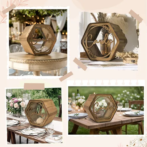 Vista 6 de Caja de tarjetas de boda OurWarm para fiesta, cajas de tarjetas de boda hexagonales marrones para recepción, caja de boda de madera para tarjetas