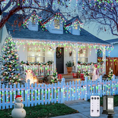 Vista 17 de JMEXSUSS 400 luces LED de Navidad de carámbano de 38.8 pies con control remoto, tira de luces multicolor para exteriores enchufables, 8 modos