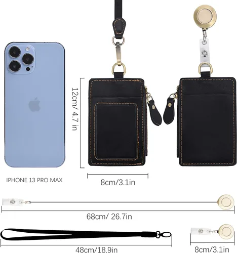 Vista 7 de Wonderpool Soporte de cuero para tarjetas de identificación con bolsillo con cremallera, ranuras para tarjetas, cordón desmontable para el cuello