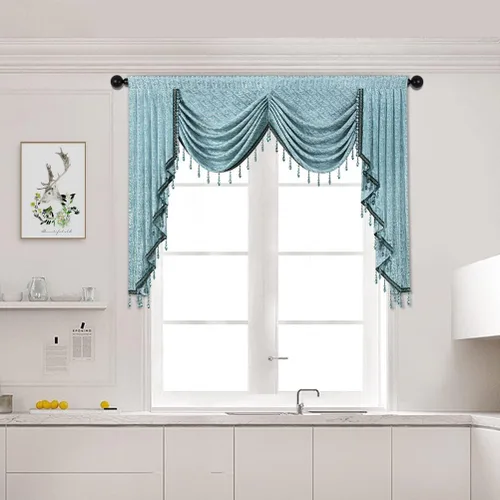 Vista 15 de ELKCA Cenefa de Cascada Jacquard con Cuentas de Lujo Beige Cenefas de Cortinas de Ventana para Sala de Estar, Bolsillo para Varilla, 1 Panel