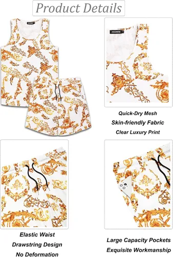 Vista 4 de Conjunto de camiseta sin mangas con estampado floral para hombre, camiseta deportiva casual con estampado de lujo, ropa deportiva hawaiana