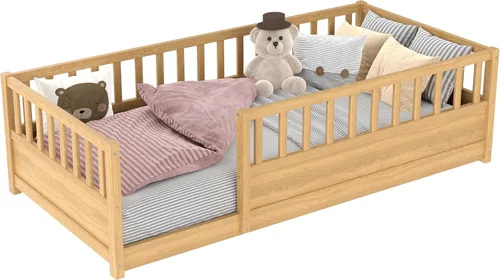 Vista 4 de Bellemave Marco de cama Montessori para niños de tamaño individual con Cerca alta natural