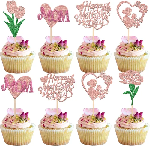 Vista 27 de Rsstarxi 1 paquete de decoración para pastel con flores de purpurina con doble corazón Love Mom Best Mom Best Mom Cake Pick Decoraciones para feliz