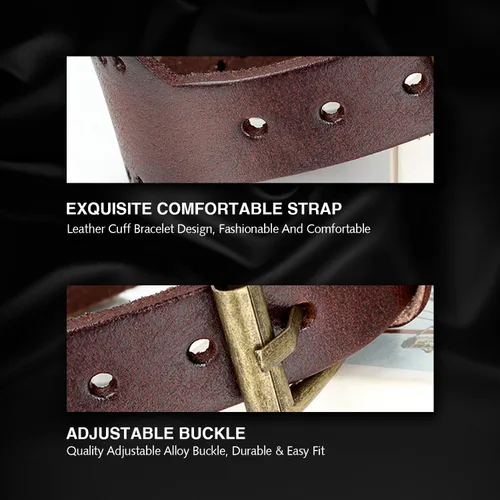 Vista 7 de Avaner Unisex Punk Retro bronce esfera redonda marrón ancho correa de cuero brazalete brazalete de números romanos relojes de pulsera analógicos