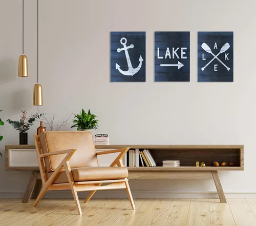Vista 3 de Nautical Anchor - Lienzo decorativo para pared, diseño de lago de 11 x 14 pulgadas (juego de 3) para el hogar, dormitorio, sala de estar, porche