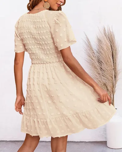 Vista 3 de BTFBM - Vestido de vacaciones en la playa para mujer, cuello en V, manga corta, fruncido, plumetí, casual, con volantes,vestidos cortos