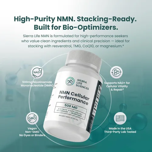 Vista 5 de Rendimiento celular NMN – 500 mg de mononucleótido de nicotinamida para apoyo de NAD+, energía celular y recuperación – Suplemento de longevidad