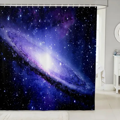 Vista 20 de Cortina de baño con temática del universo cósmico de galaxia, juego de cortina de ducha de cielo nocturno estrellado para niños y adultos, cortina