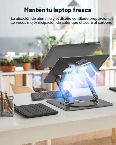 Vista 5 de Soporte ajustable para laptop de escritorio - Elevador portátil para laptop con base giratoria, soporte plegable de aluminio para computadora Negro