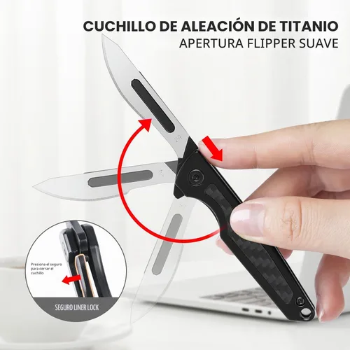 Vista 3 de ITOKEY Cuchillo de bisturí plegable, pequeño cuchillo de bolsillo de titanio con 10 cuchillas reemplazables #24, clip de bolsillo, cuchillo de negro