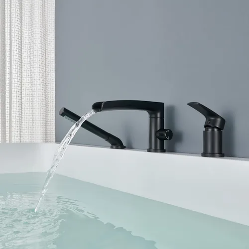 Vista 4 de Wowkk Grifo de Bañera Cascada de Bañera Romana Negro Montaje en Cubierta Grifos de Bañera de Latón Relleno de Bañera Grifos de Baño con Ducha de Mano
