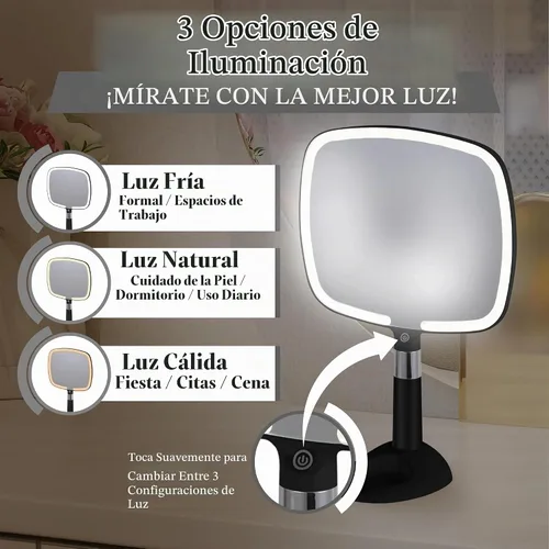 Vista 2 de MIRRORVANA Espejo de maquillaje de viaje iluminado, LED de mano, 9 x 13 pulgadas (negro) 2-in-1 Hand Held & Tabletop Mirror: 3 Light Modes