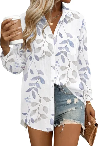 Vista 19 de HOTOUCH Camisas de manga larga con botones para mujer, blusas de lino y algodón, casuales, con cuello holgado, de gasa con bolsillo