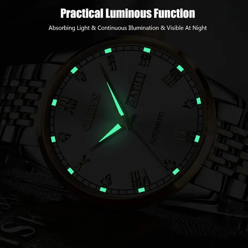 Vista 4 de RORIOS Reloj automático para mujer, reloj mecánico automático con correa de acero inoxidable, calendario, reloj de pulsera luminoso para mujer
