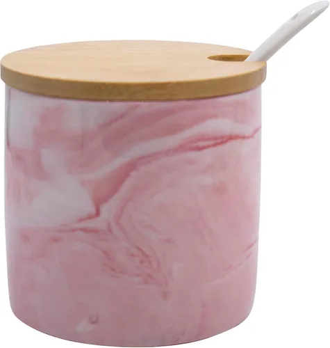 Vista 4 de Juego de 3 tarros de especias de cerámica de mármol con cucharas y tapas de bambú y bandeja (rosa)