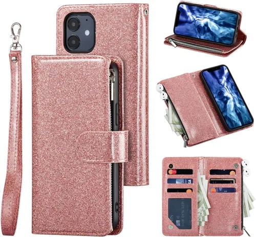Vista 20 de UEEBAI Funda tipo cartera para iPhone 12/iPhone 12 Pro, funda de cuero PU con cierre magnético Bolso con cremallera Estuche de bolsillo con Negro