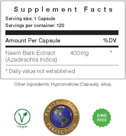 Vista 4 de Cápsulas de corteza de Neem de 400 mg de polvo orgánico de corteza de neem molido fresco cultivado en Estados Unidos, 120 unidades y fabricado