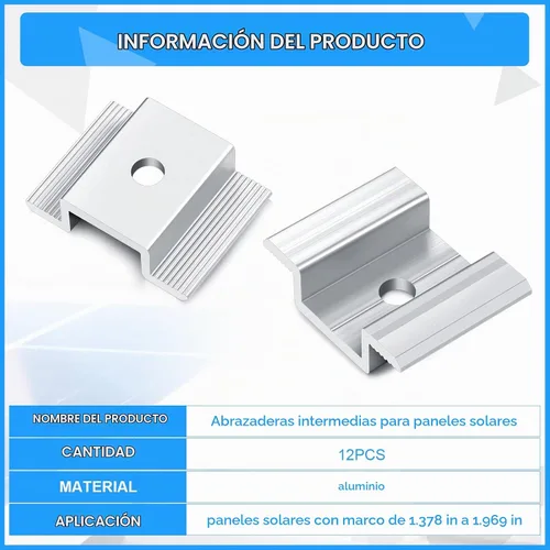 Vista 7 de Paquete de 12 abrazaderas centrales para panel solar de 1.06 pulgadas, accesorios de montaje de aluminio, abrazadera media solar de aluminio