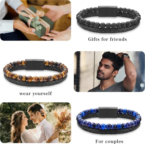 Vista 7 de LUXEJEW Gifts for Men - Mens Bracelet, Beaded Leather Bracelets for Men 6mm Tiger Eye Lava Rock Stone Handmade Bracelets Adjustable Stainless Steel
