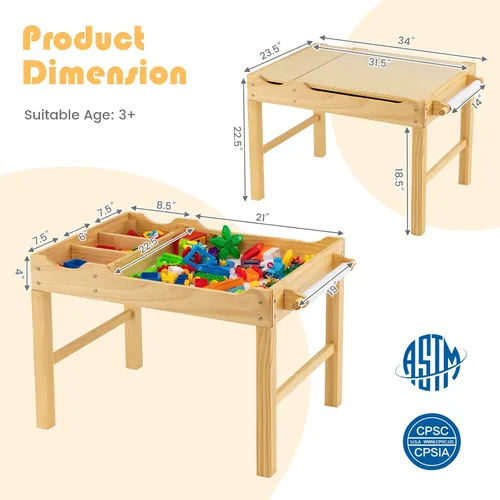 Vista 3 de HONEY JOY Mesa para niños, mesa de actividades de madera 2 en 1 con rollo de papel, mesa de bloques de construcción convertible, 3 compartimentos