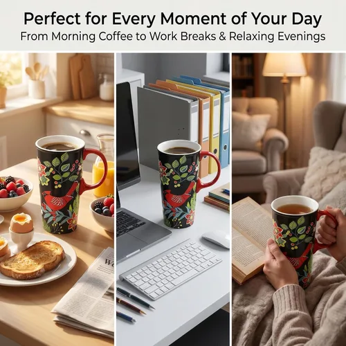 Vista 3 de Taza de viaje de cerámica de 17 onzas con tapa y caja de regalo, taza de café cardenal de arte popular, taza de té de porcelana de pájaro