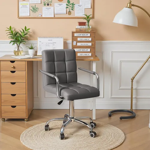 Vista 7 de Furmax silla de oficina con respaldo medio de piel sintética, silla ejecutiva moderna, ajustable, silla de escritorio para el hogar, silla de Gris