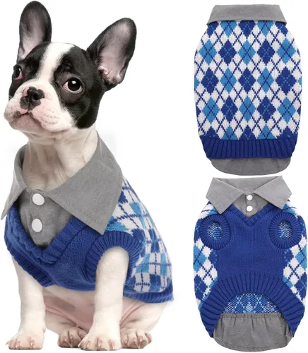Vista 8 de Kuoser Suéter a cuadros para perro con agujero para arnés, color verde, talla S Polo Design Puppy Knitwear Fall Winter Sweater for Medium Dogs