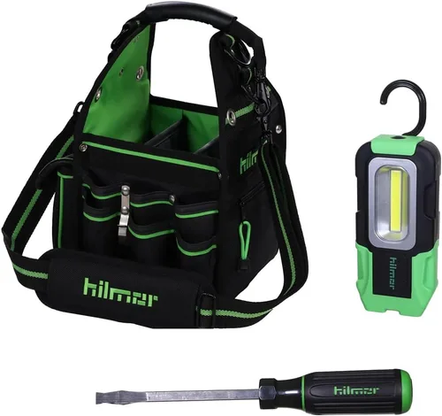 Vista 8 de Hilmor HT 1839078 - Bolsa de herramientas HVAC con 27 bolsillos, clip para llaves, lazo para cinta, correa para el hombro, herramientas y equipos