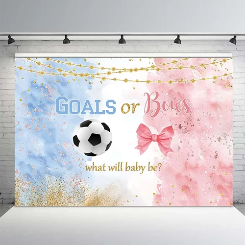 Vista 2 de MEHOFOND Fondo de fútbol de 7 x 5 pies para revelación de género, goles o lazos, decoraciones de fiesta de baby shower de fútbol, pancarta de niño