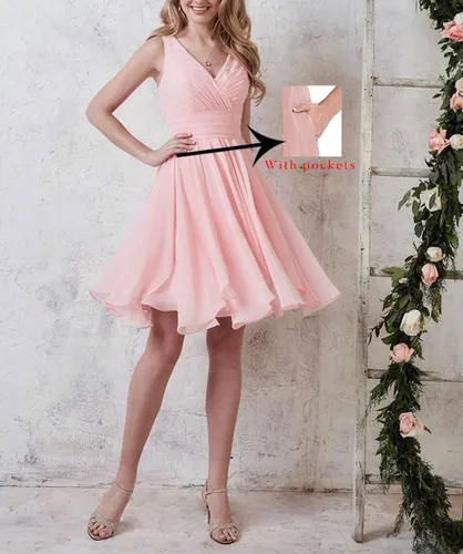 Vista 2 de Vestido corto de dama de honor hasta la rodilla gasa vestidos de regreso a casa V cuello una línea vestidos de fiesta SY339