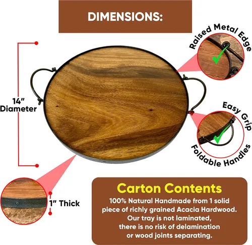 Vista 5 de Bandeja redonda de madera para servir, asas de hierro, tablero de madera de acacia rústica, decorativo para alimentos y bebidas para el hogar, 14
