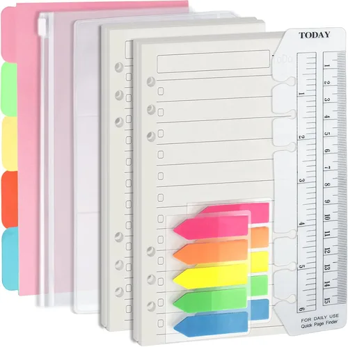 Vista 9 de Harphia A5 - Juego de 6 agujeros de relleno de carpeta, 90 hojas sueltas en blanco liso con calcomanías y divisores, insertos de planificador