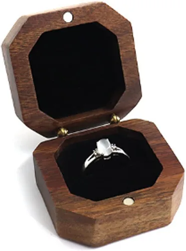 Vista 3 de Caja de anillo de propuesta portátil de madera de nogal negro, caja de regalo de joyería octogonal para boda, compromiso